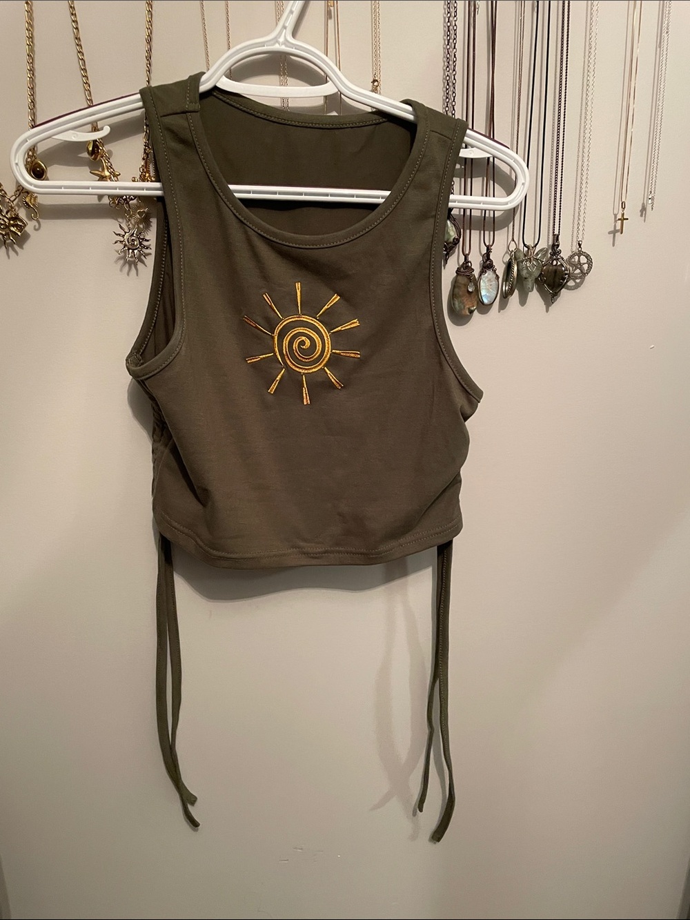 Olive Green Sun Embroidered Crop Tank Top